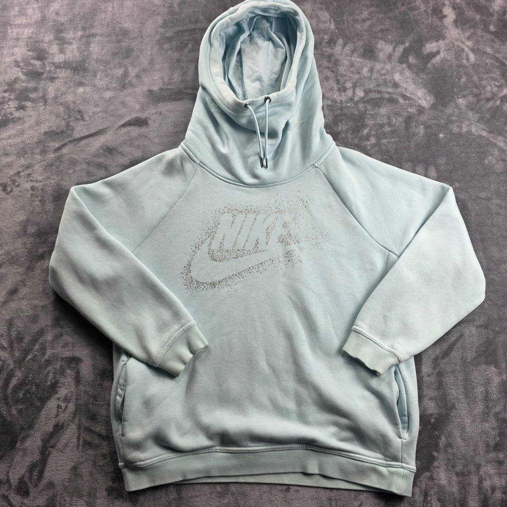 Nike Hoodie Womens Large Light Blue Glitter Logo Funnel Neck Pullover Sweatshirt
